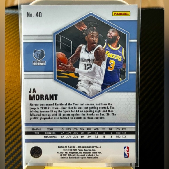 JA MORANT 2020-21 MEMPHIS GRIZZLIES PANINI MOSAIC 40 NBA BASKETBALL TRADING CARD - Picture 2 of 3